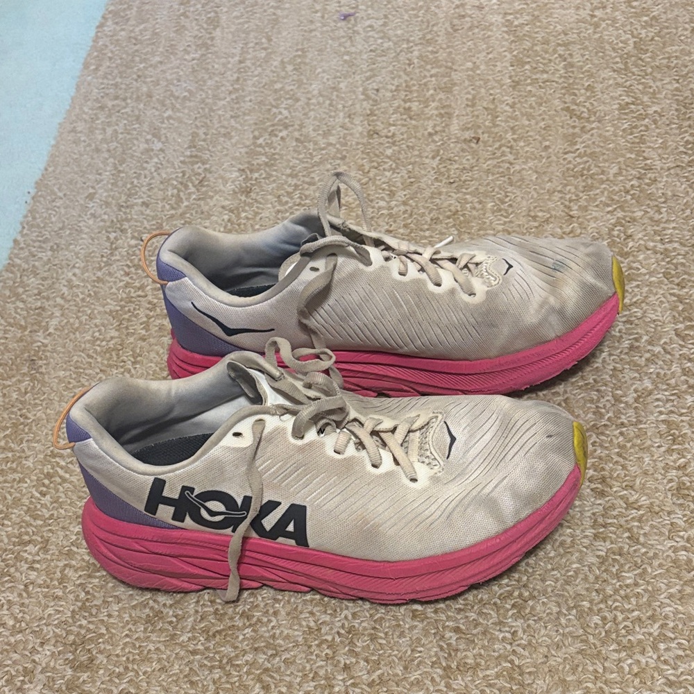 Hoka Cream and Pink Athletic Shoes
